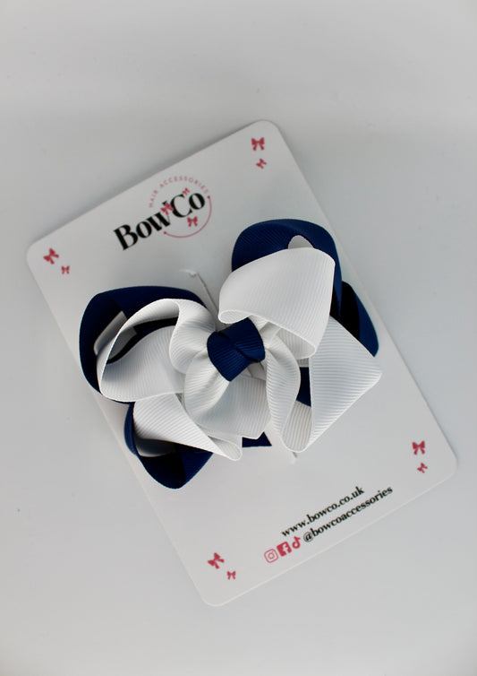 School Navy Blue and White Double Loop Bow - Clip