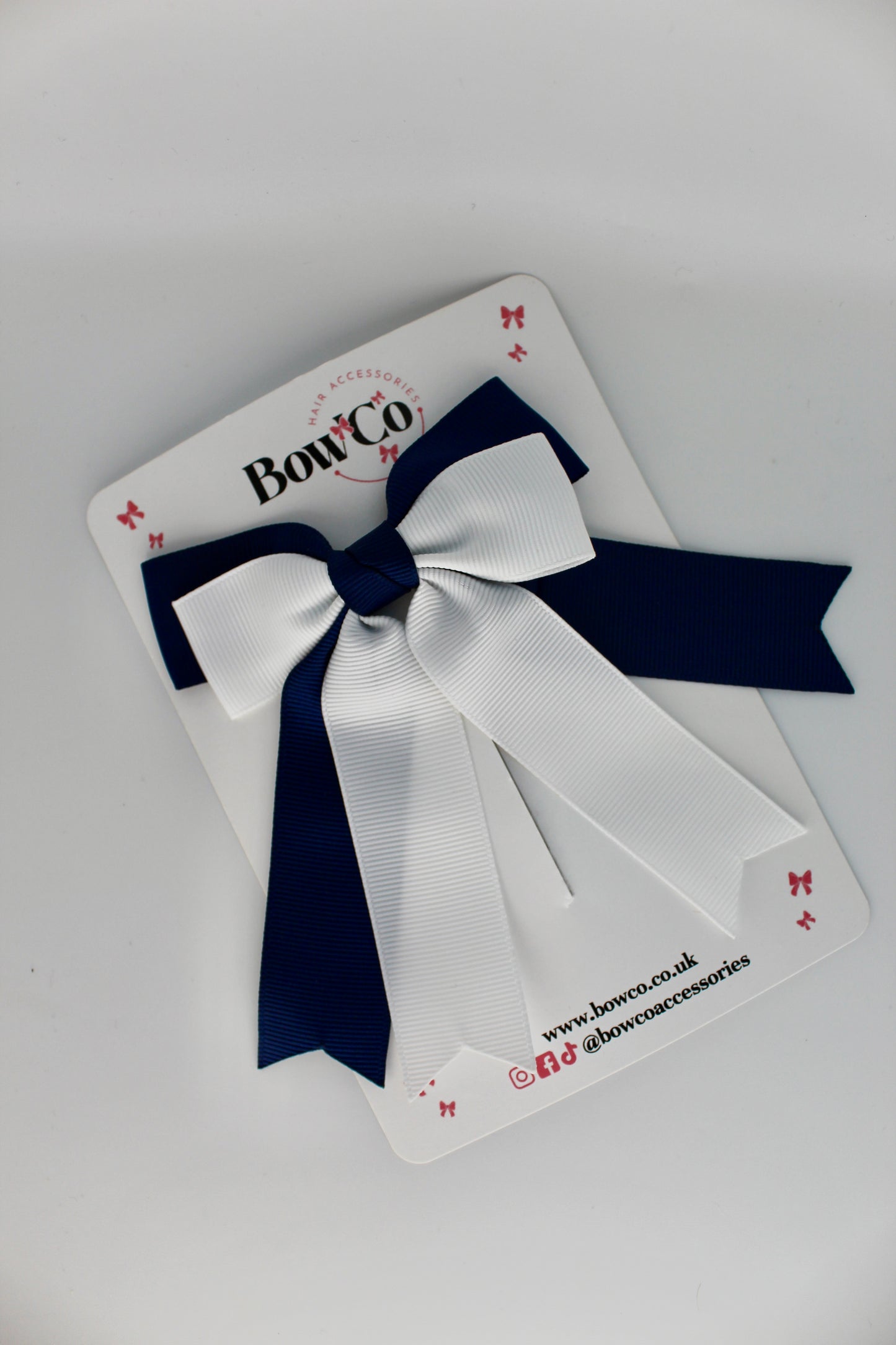 School Navy Blue and White Double Ribbon Tail Bow – Clip