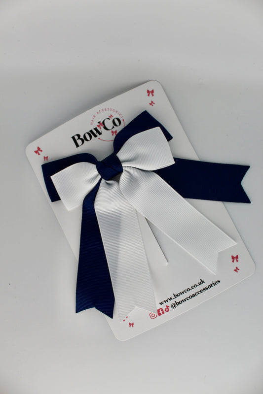 School Navy Blue and White Double Ribbon Tail Bow – Clip