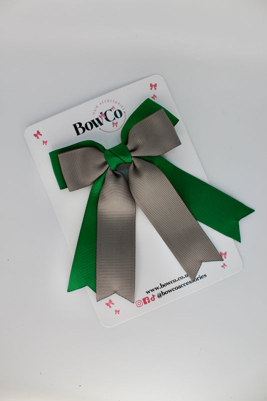 School Green and Grey Double Ribbon Tail Bow – Clip