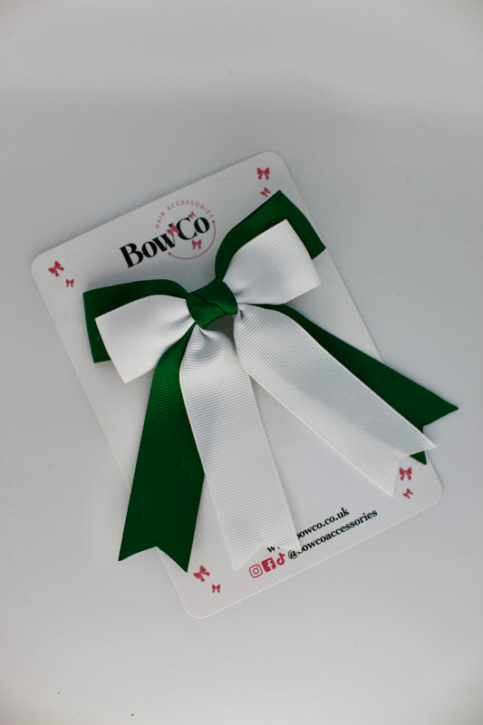 School Green and White Double Ribbon Tail Bow – Clip