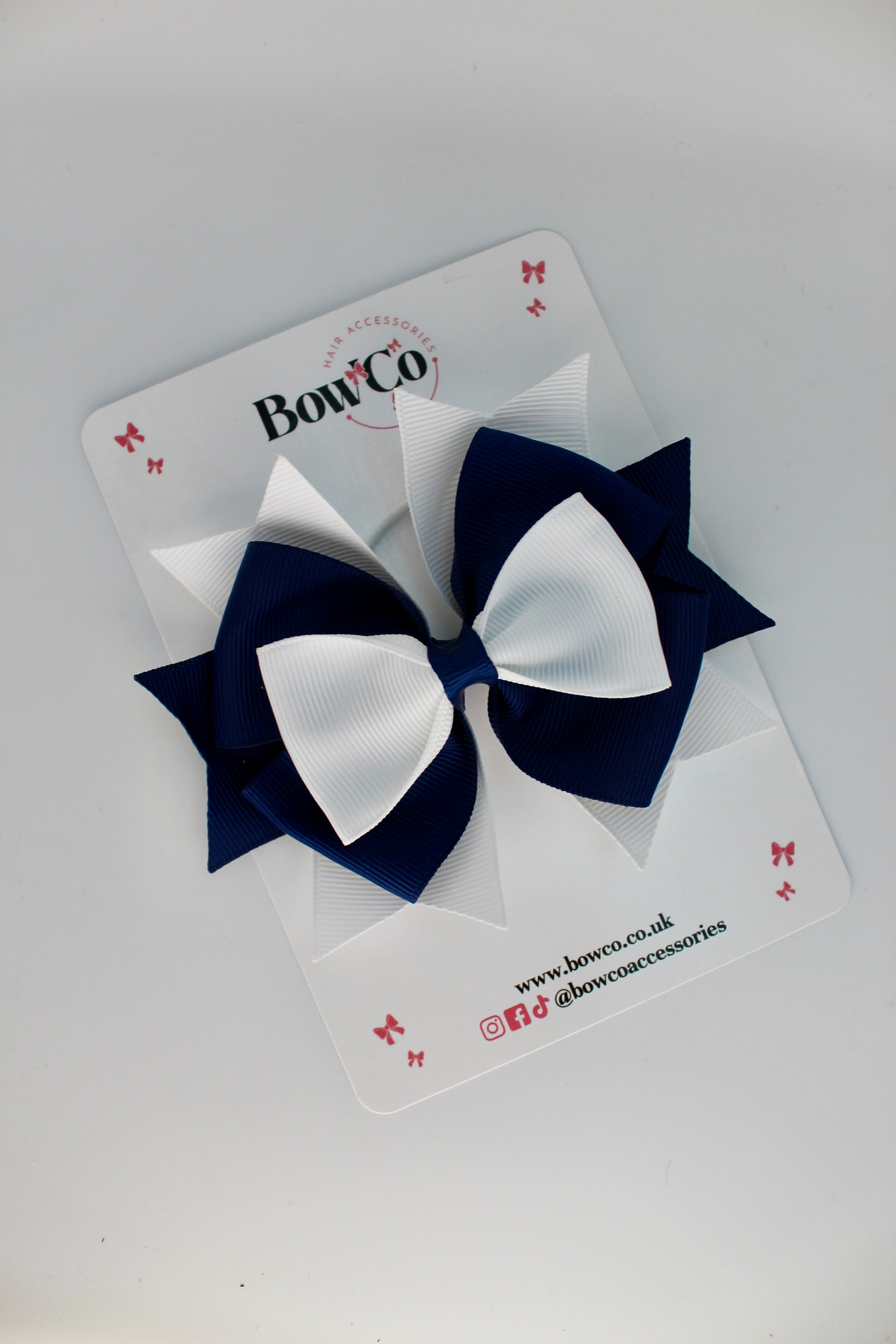 School Bow Navy Blue and White - Layer Bow - Elastic