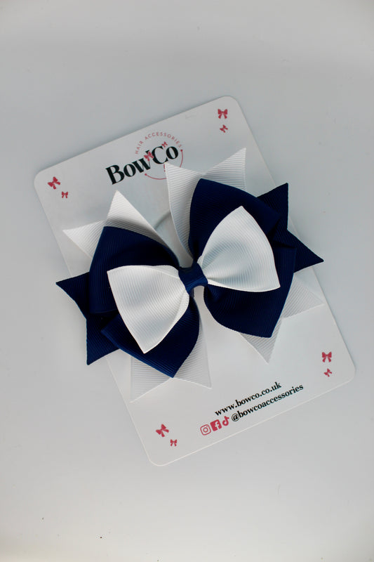 School Bow Navy Blue and White - Layer Bow - Elastic