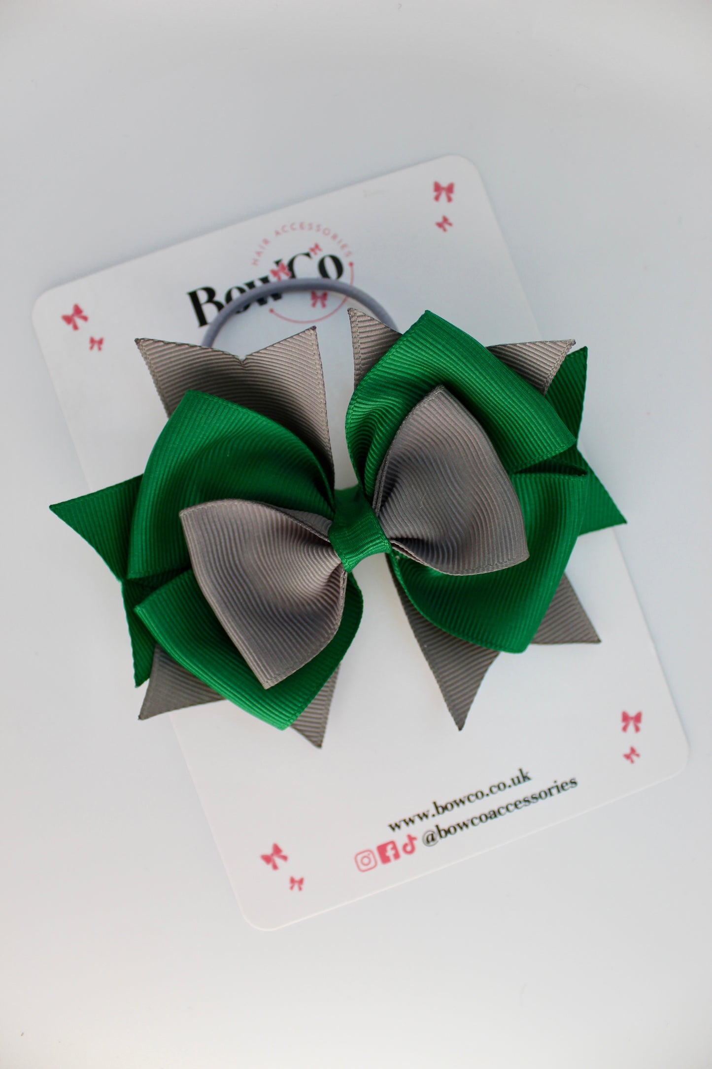 School Bow Forest Green and Grey - Layer Bow - Elastic