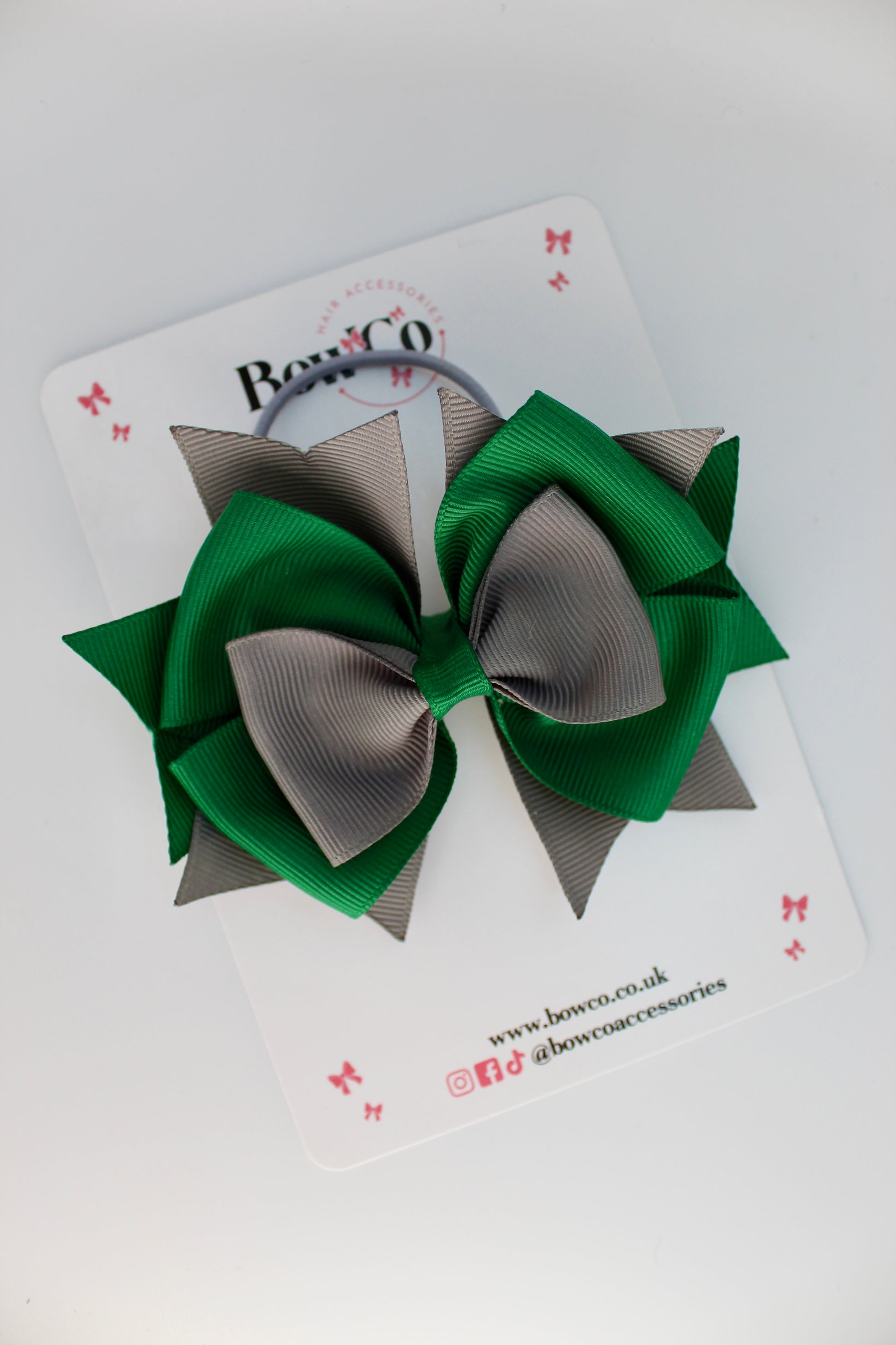 School Bow Forest Green and Grey - Layer Bow - Elastic