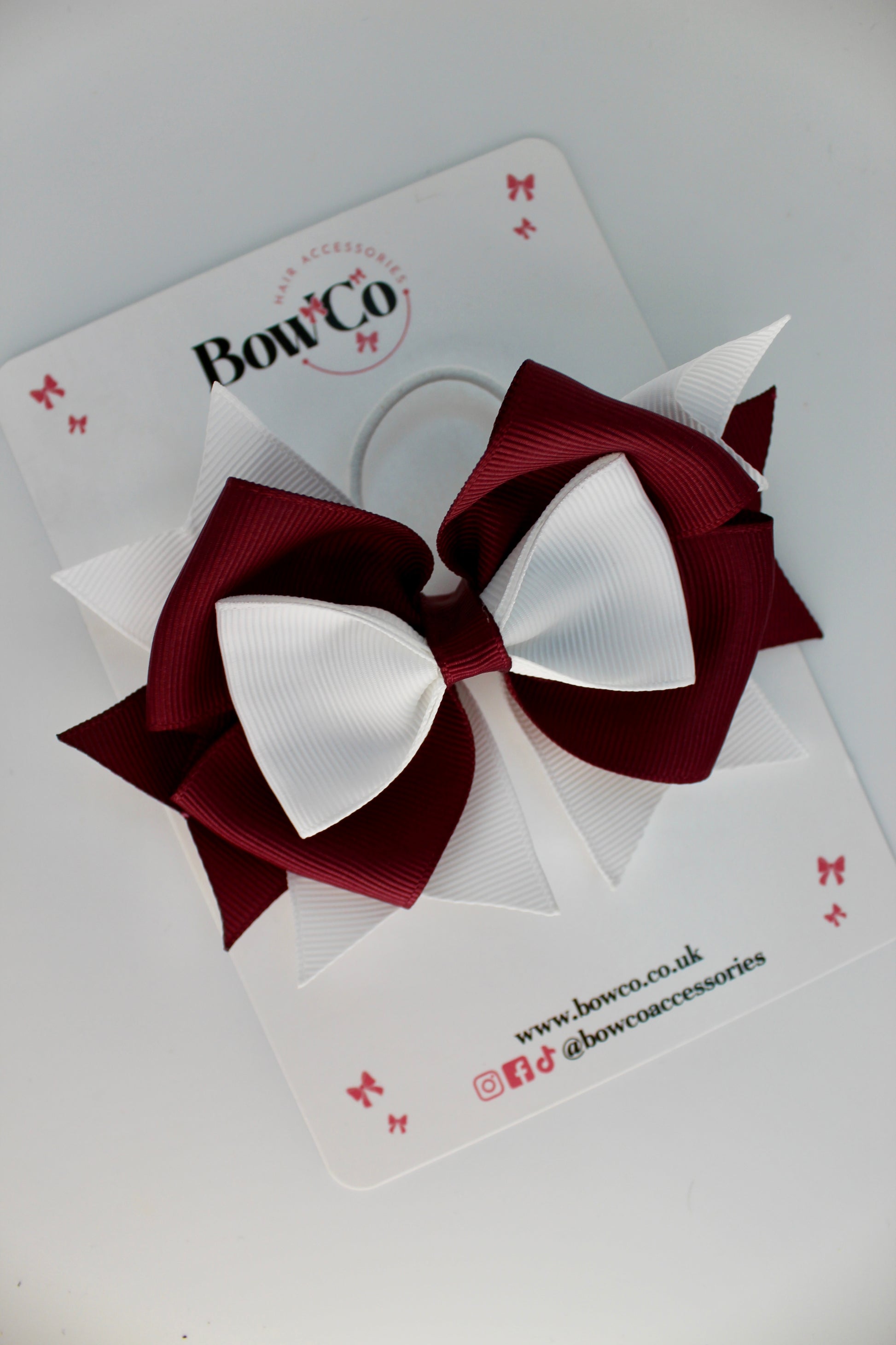 School Bow Burgundy and White - Layer Bow - Elastic