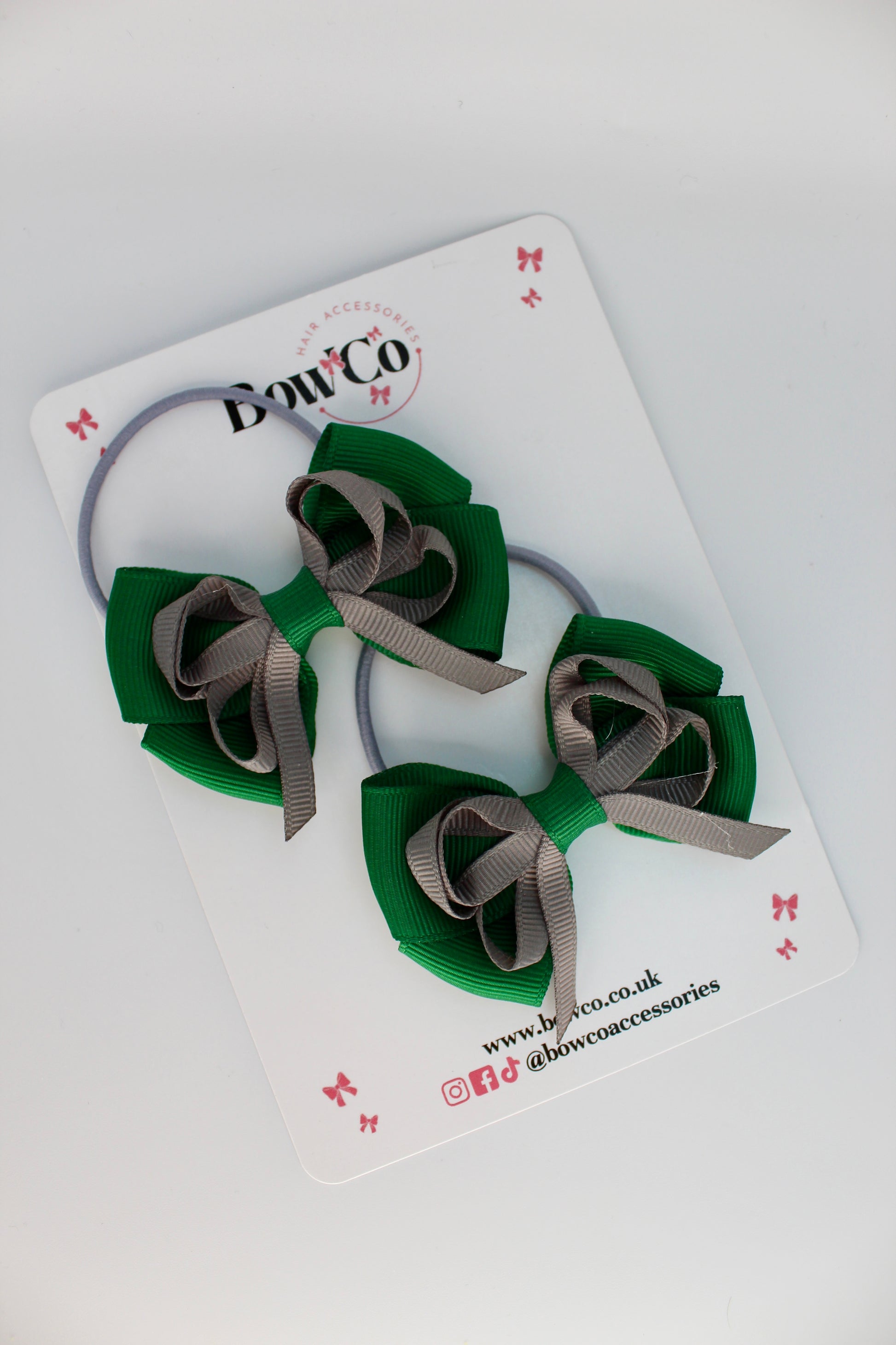 School Bows Forest Green and Grey - Double Bow Set - Elastic