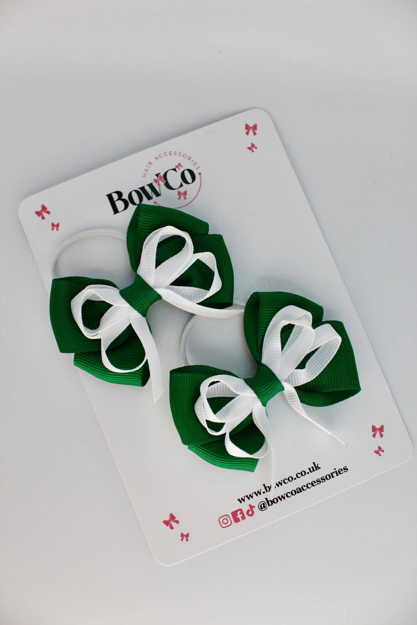 School Bows Forest Green and White - Double Bow Set - Elastic