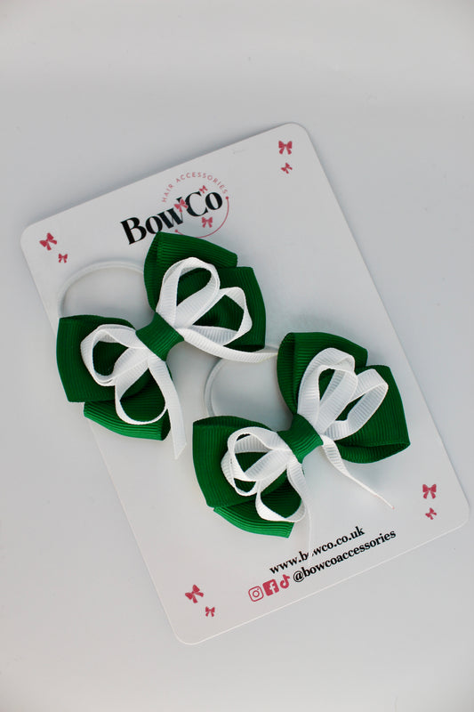 School Bows Forest Green and White - Double Bow Set - Elastic