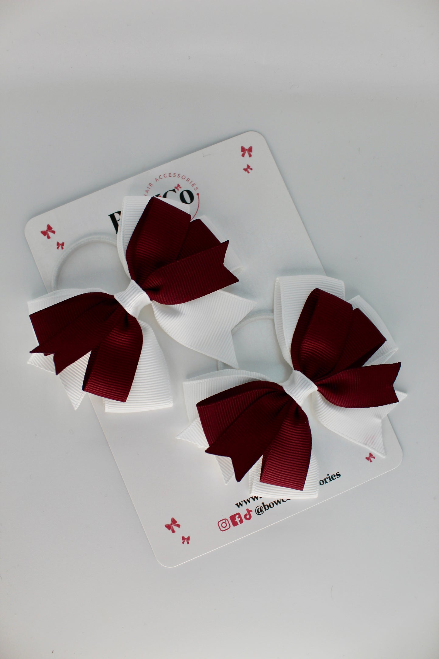School Bows Burgundy and White - Double Tail Bow Set - Elastic