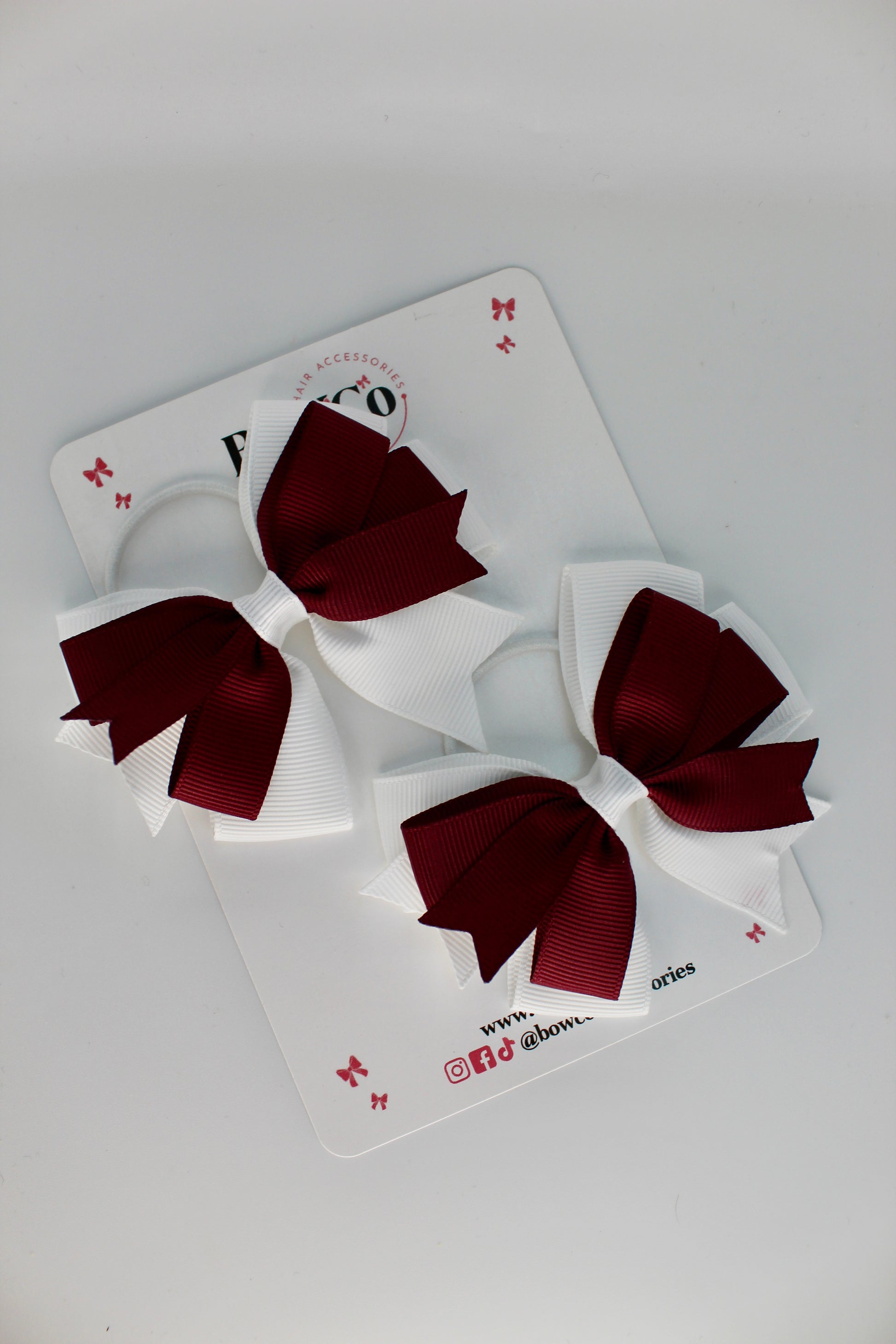 School Bows Burgundy and White - Double Tail Bow Set - Elastic