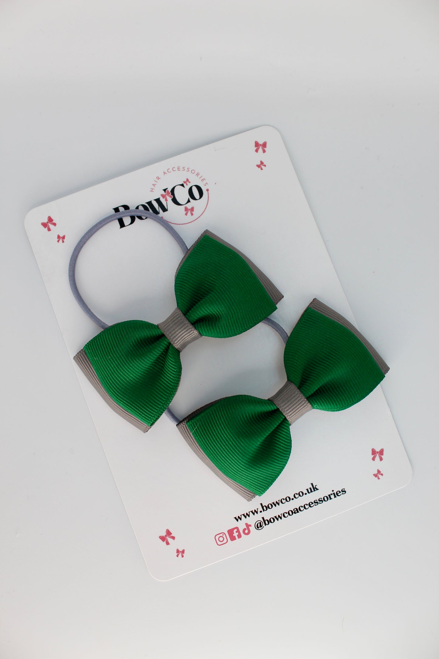 School Bows Forest Green and Grey - Double Lapel Bow Set - Elastic