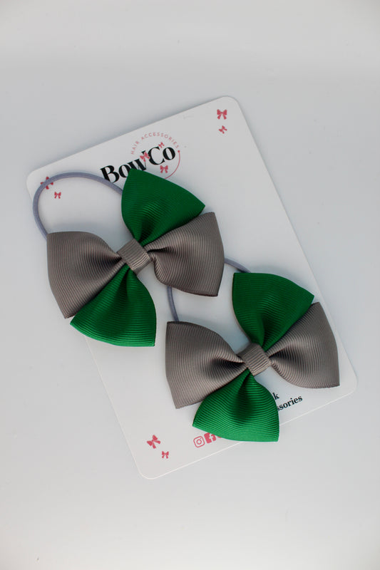 School Bows Forest Green and Grey - Twist Bow - Elastic