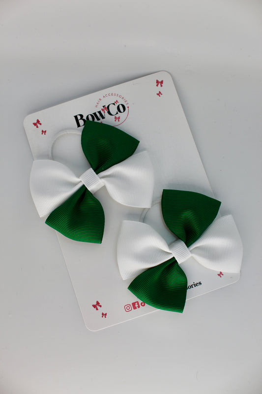 School Bows Forest Green and White - Twist Bow - Elastic