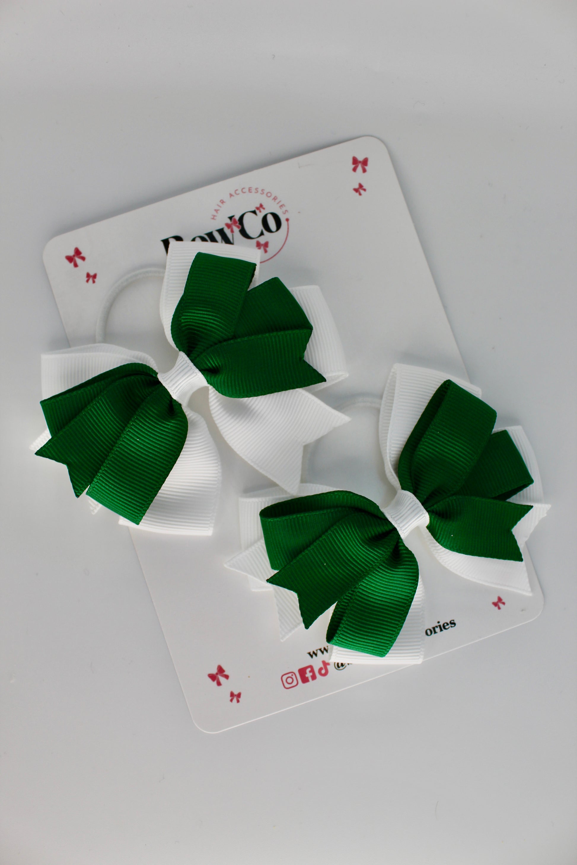 School Bows Forest Green and White - Double Tail Bow - Elastic