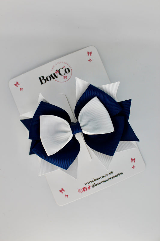 School Bow Navy Blue and White Layer Bow - Clip