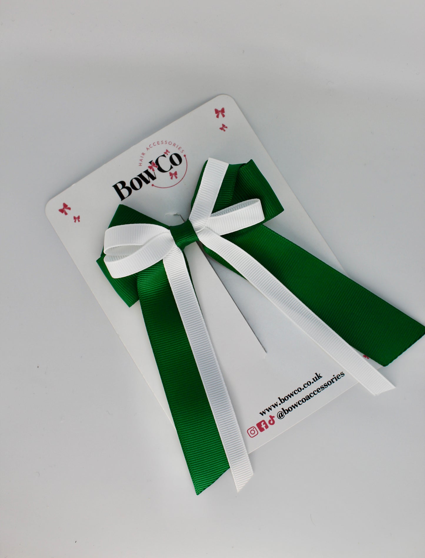 School Bow Forest Green and White - Loop Bow Tail Clip