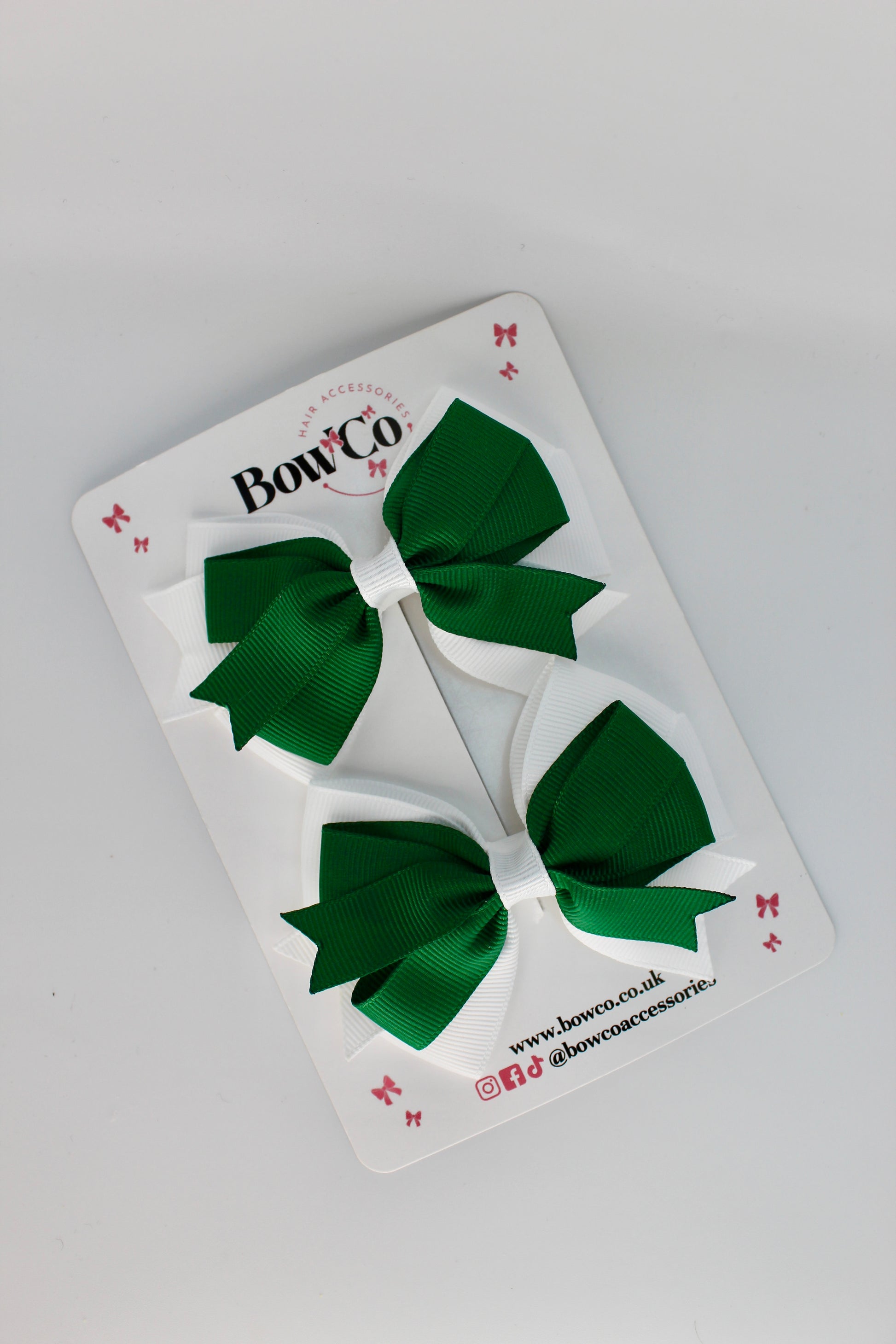 School Bows Forest Green and White - Double Tail Bow - Clip