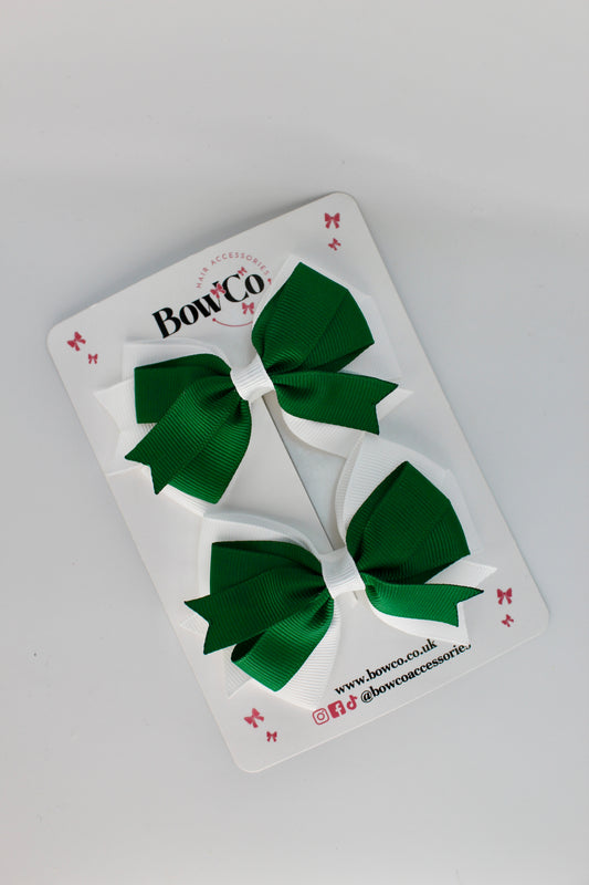School Bows Forest Green and White - Double Tail Bow - Clip