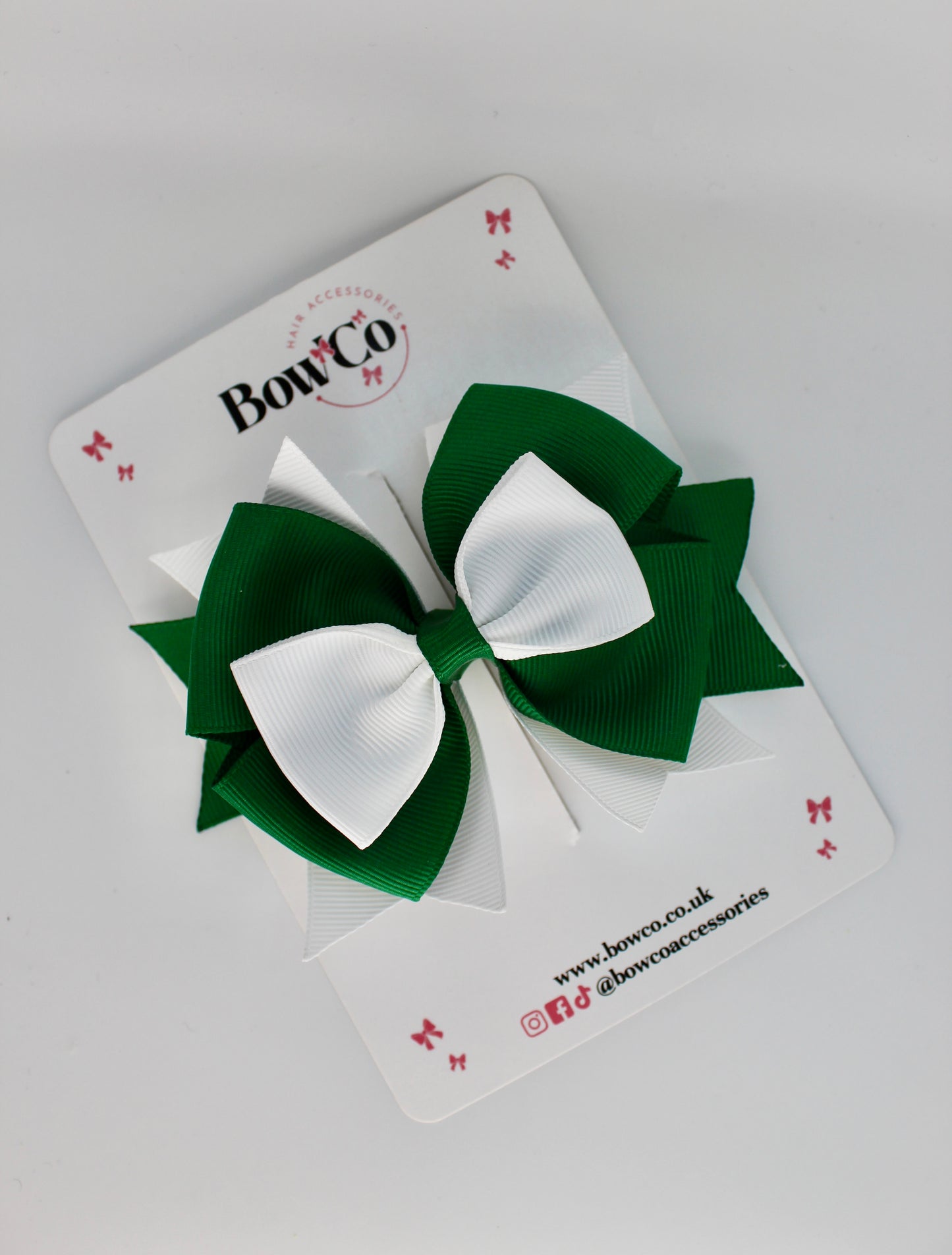 School Bow Forest Green and White Layer Bow - Clip