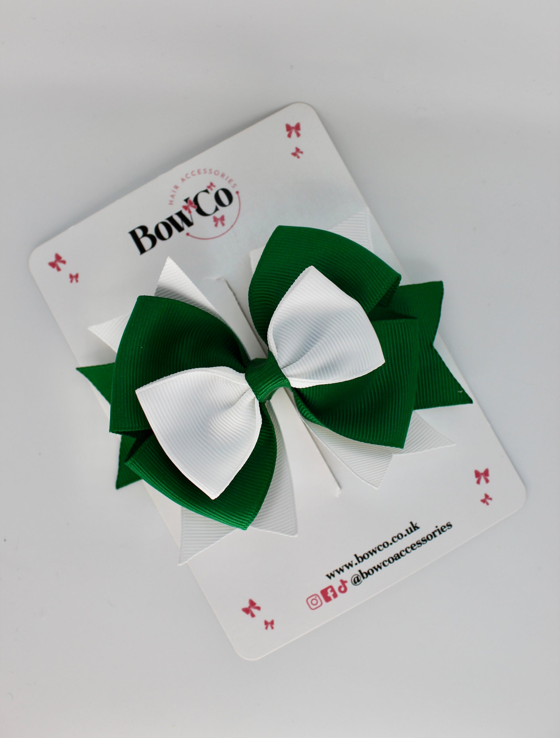 School Bow Forest Green and White Layer Bow - Clip