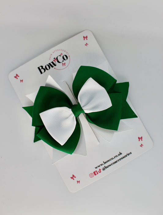 School Bow Forest Green and White Layer Bow - Clip