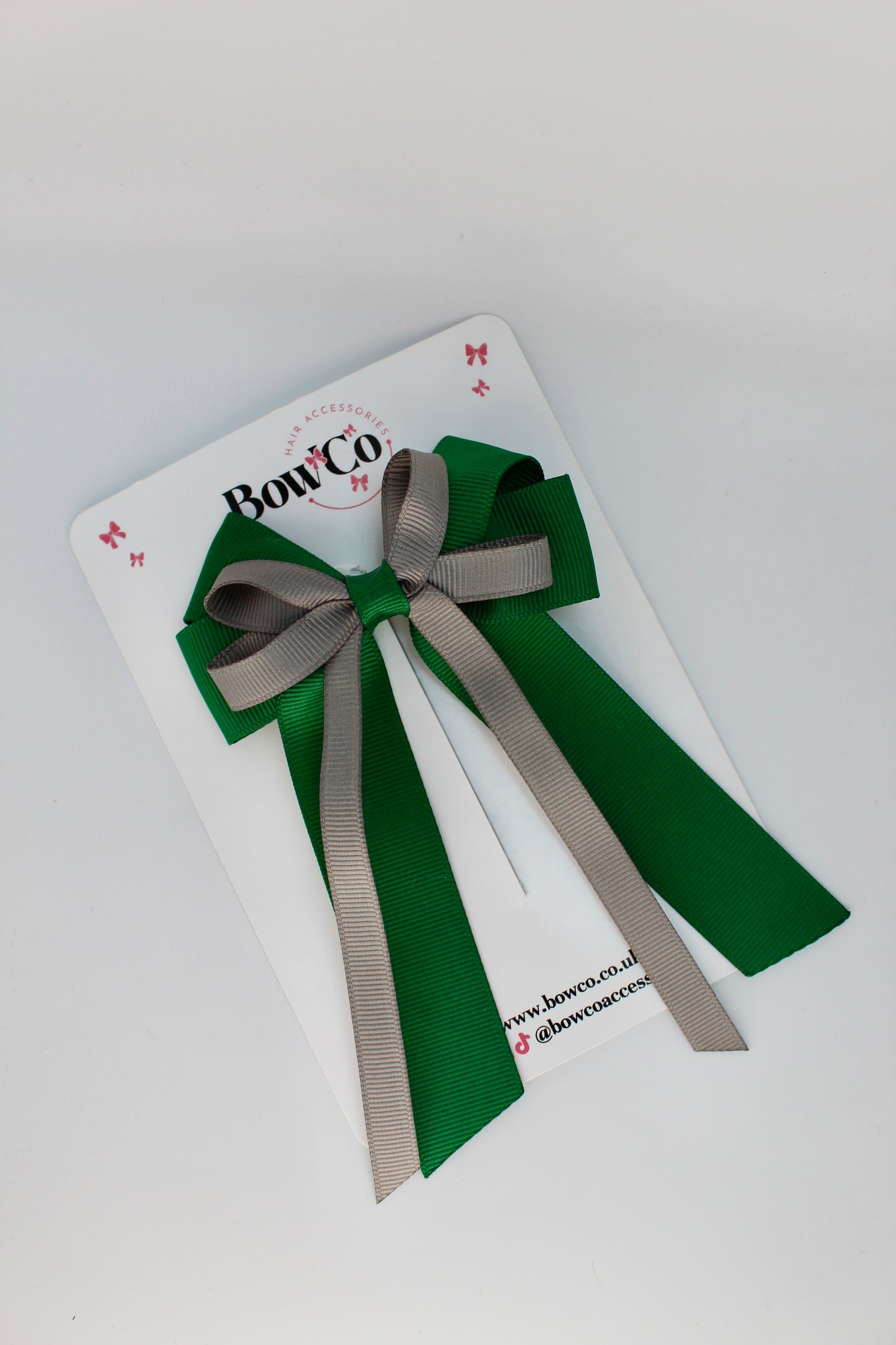 School Bow Forest Green and Grey - Loop Bow Tail Clip