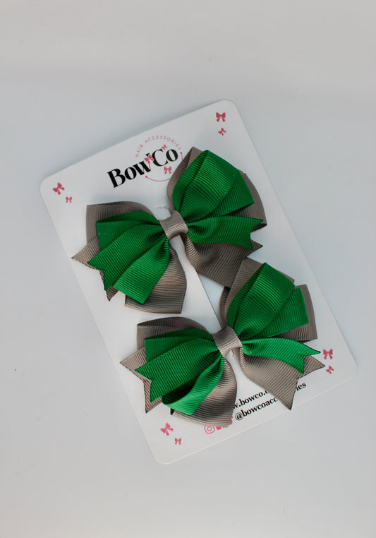 School Bows Forest Green and Grey - Double Tail Bow - Clip