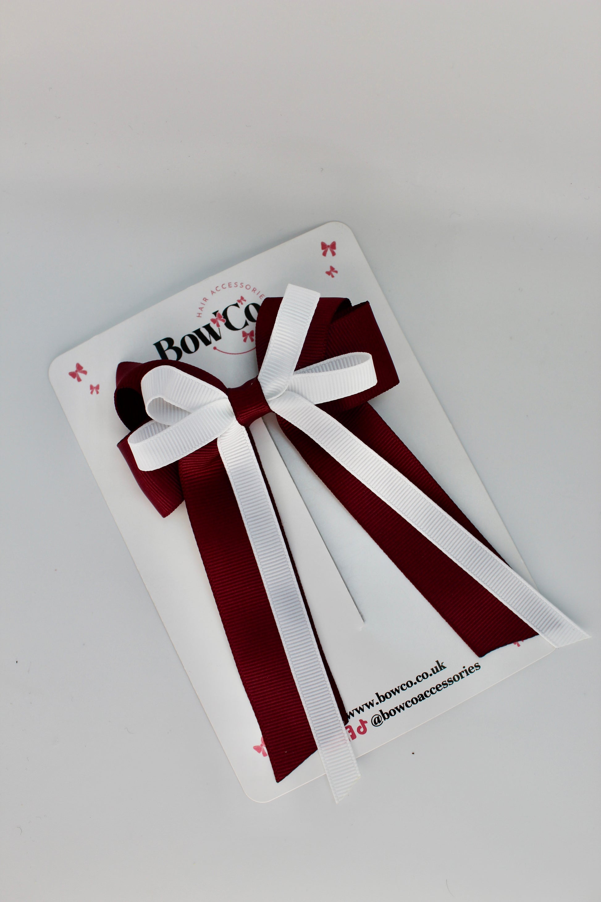 School Bow Burgundy and White - Loop Bow Tail Clip