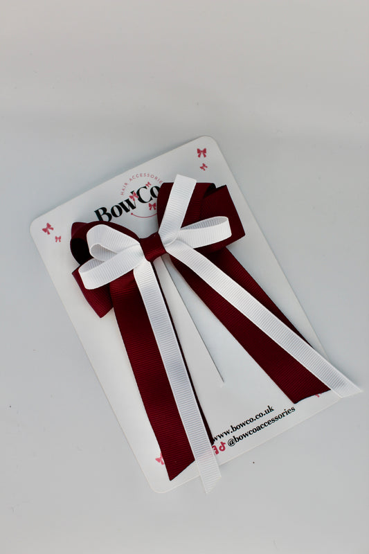 School Bow Burgundy and White - Loop Bow Tail Clip