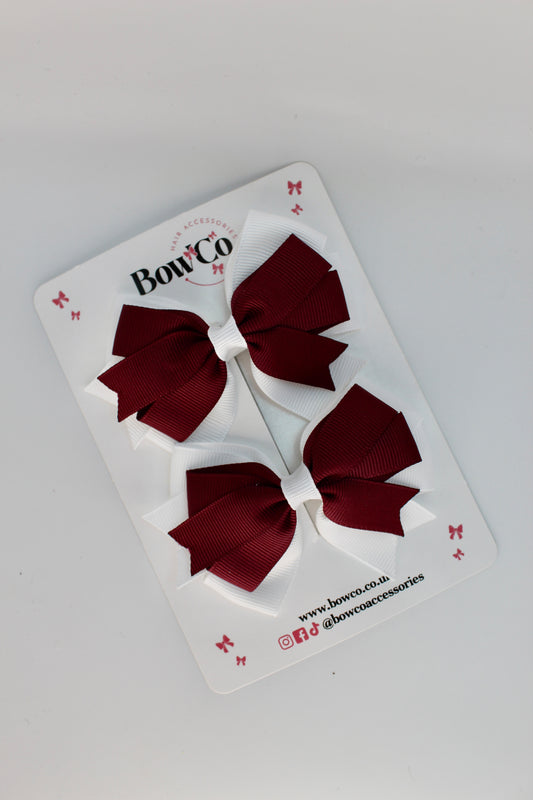 School Bows Burgundy and White - Double Tail Bow Set - Clip