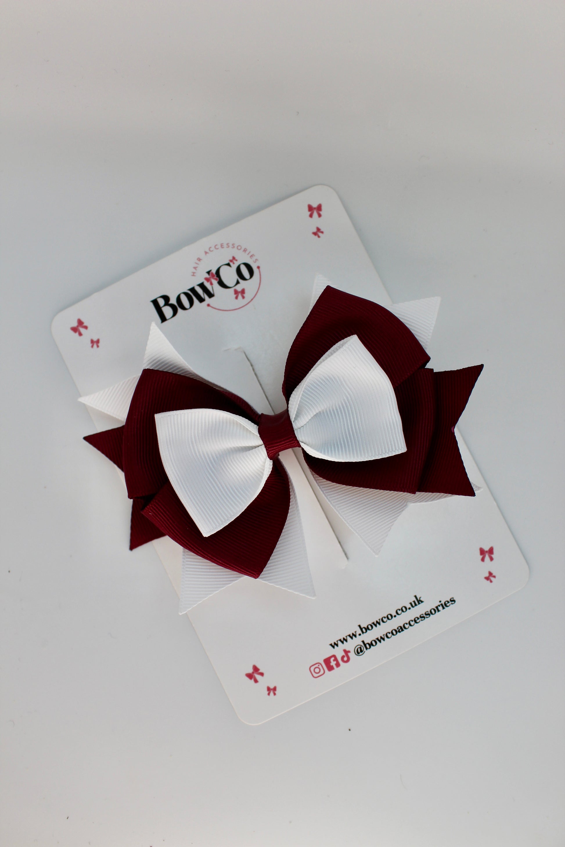 School Bow Burgundy and White Layer Bow - Clip