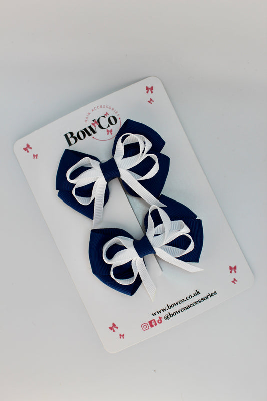 School Bows Navy Blue and White - Double Bow Set - Clip