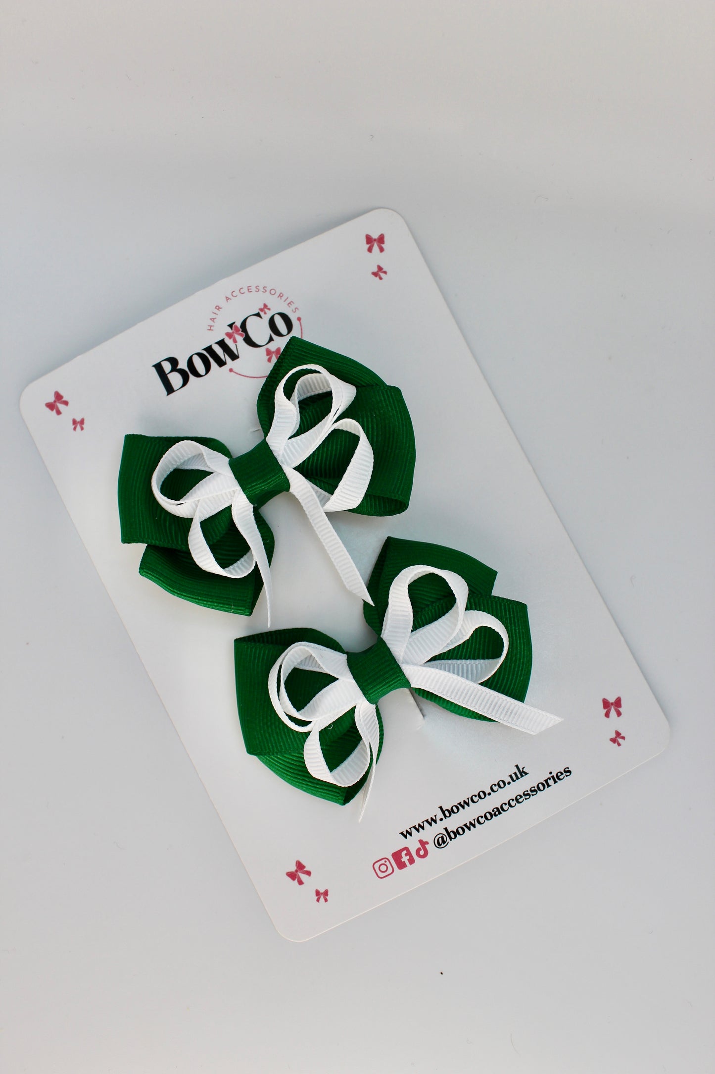 School Bows Forest Green and White - Double Bow Set - Clip