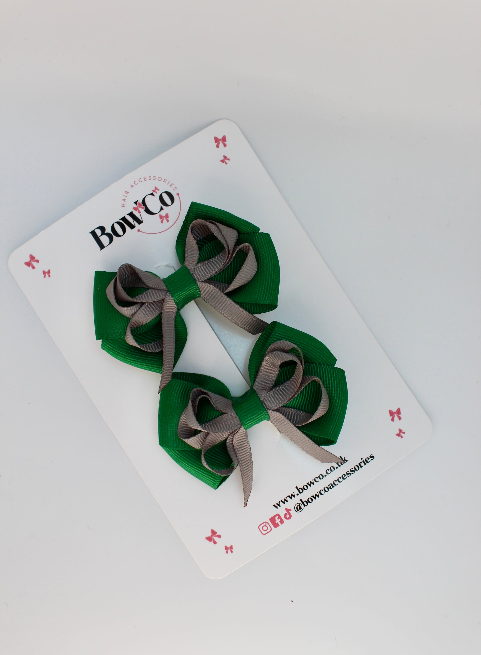 School Bows Forest Green and Grey - Double Bow Set - Clip