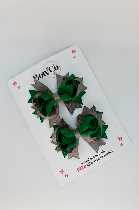 School Bows Forest Green and Grey - Loopy Stacked Bow Set
