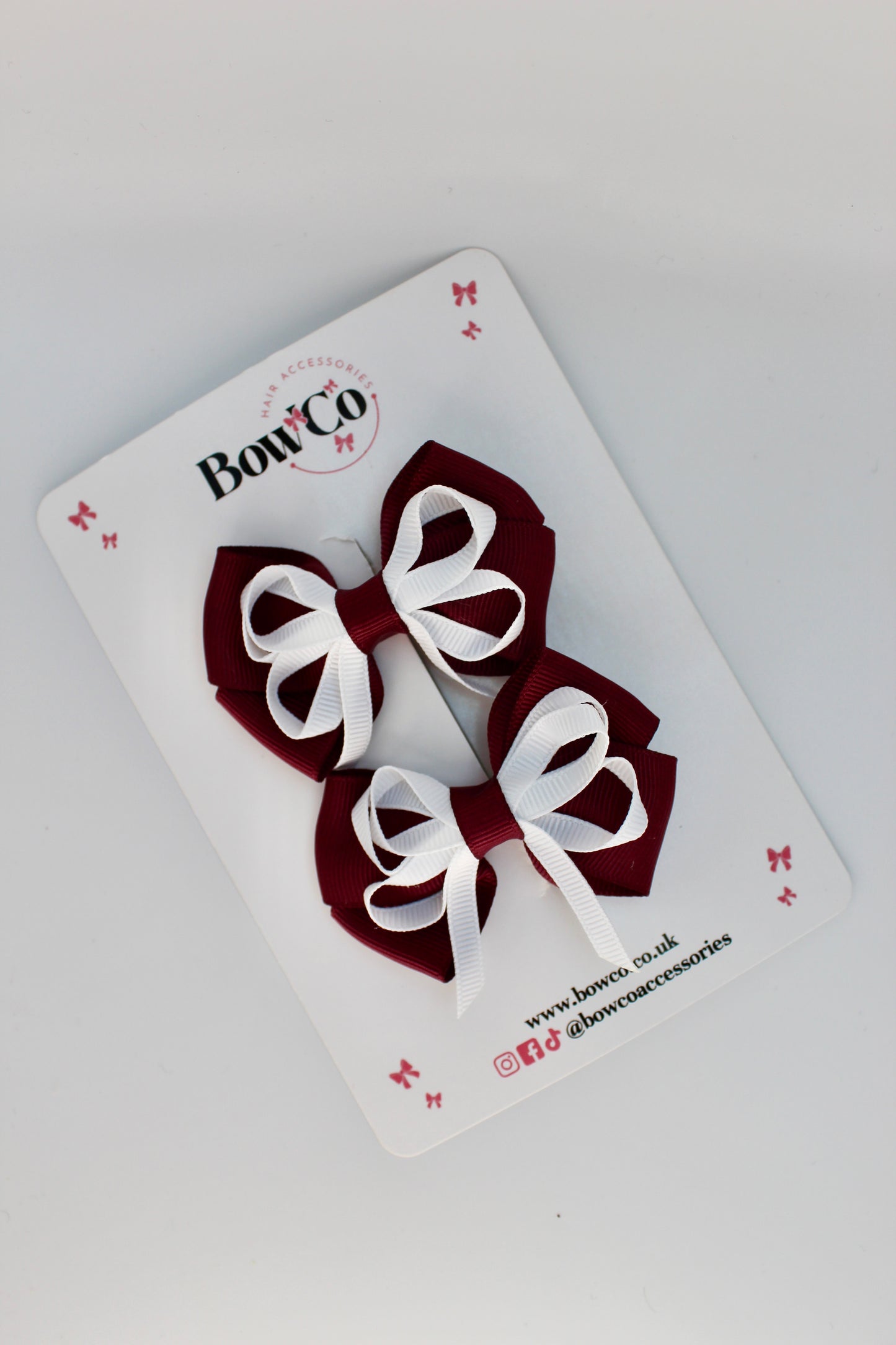 School Bows Burgundy and White - Double Bow Set - Clip