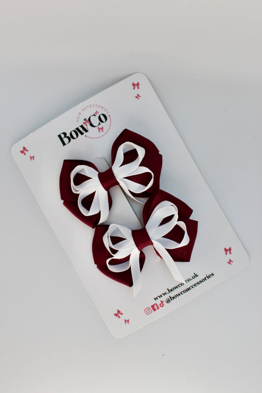 School Bows Burgundy and White - Double Bow Set - Clip