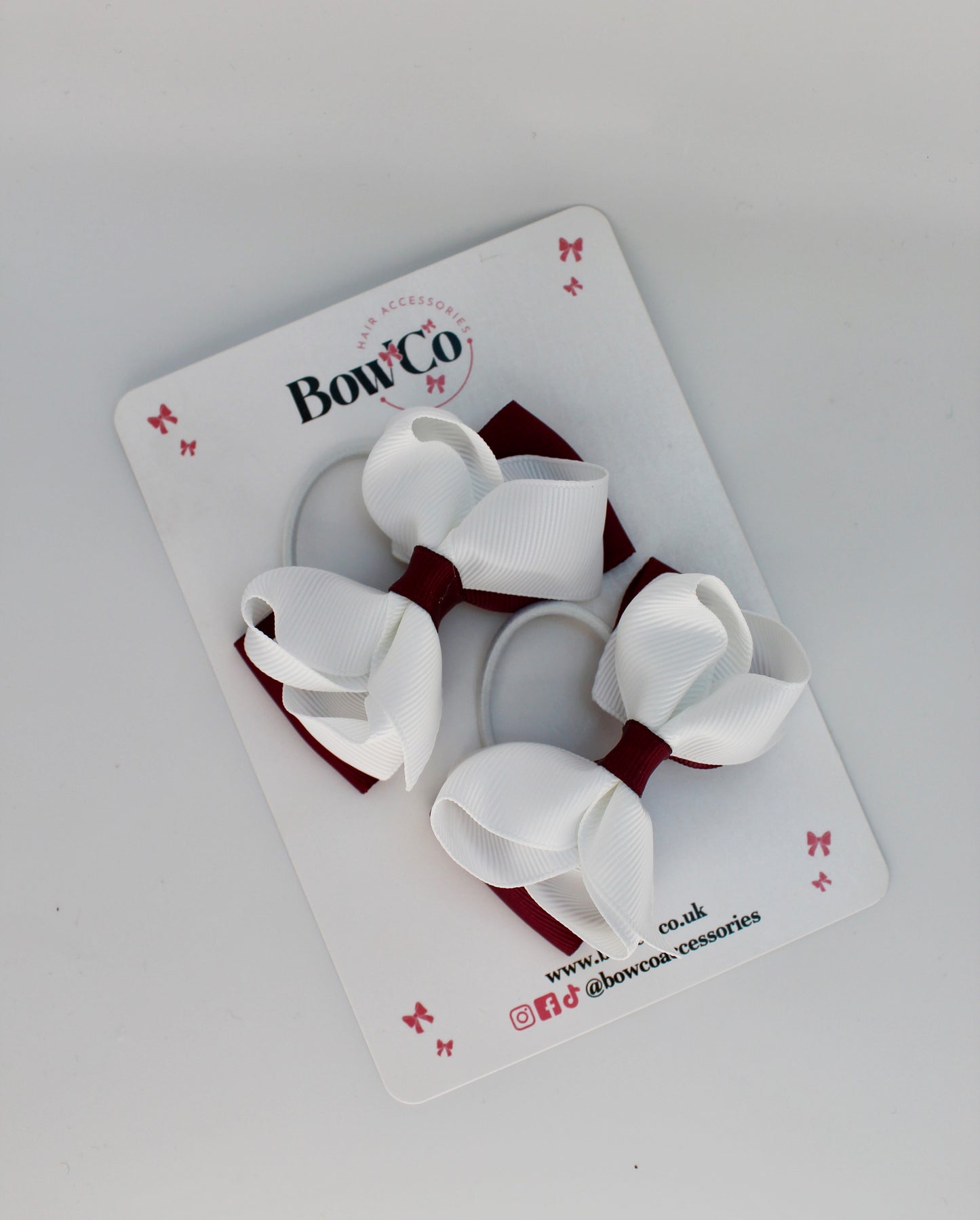 School Bows Burgundy and White - Pleated Bow Set - Elastic