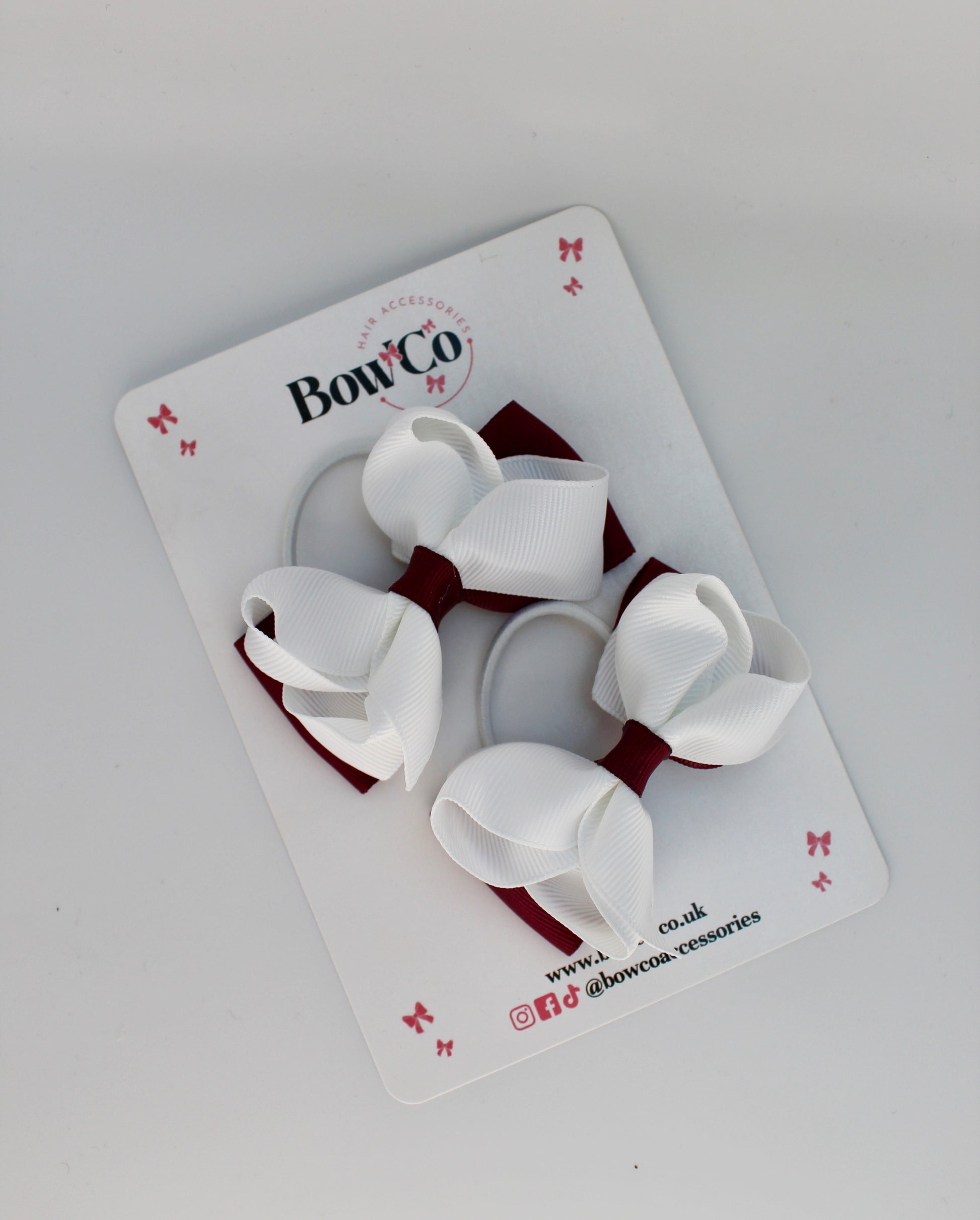 School Bows Burgundy and White - Pleated Bow Set - Elastic