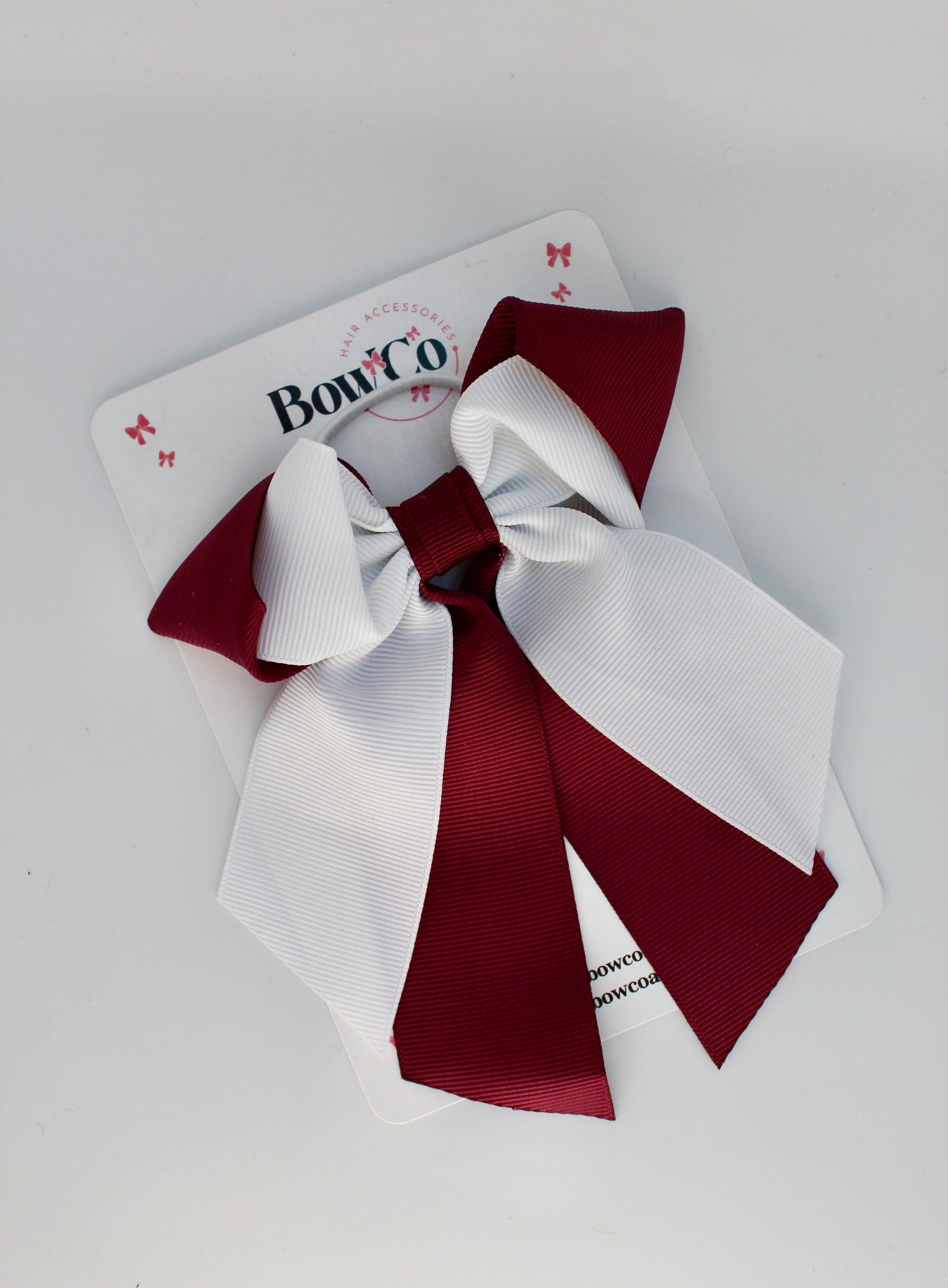 School Bow Burgundy and White - Loop Tail Bow - Elastic