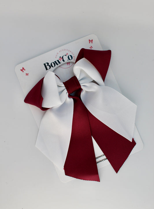 School Bow Burgundy and White - Loop Tail Bow - Elastic