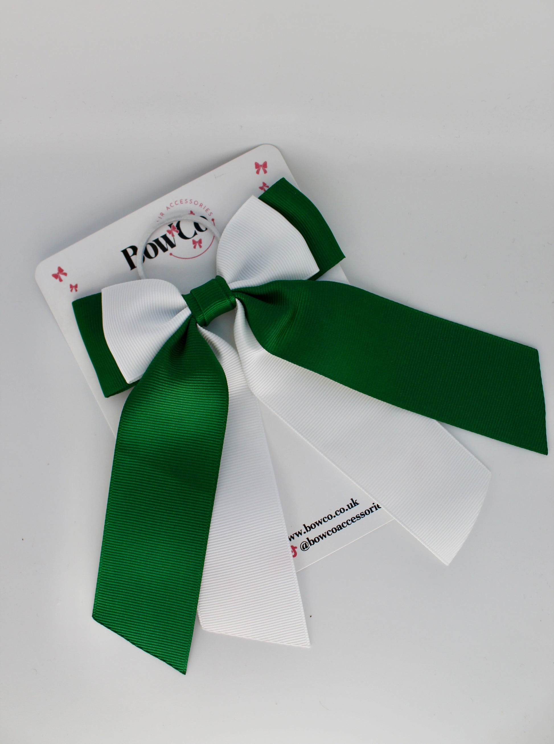School Bow Forest Green and White - Double Layer Tail Bow – Elastic
