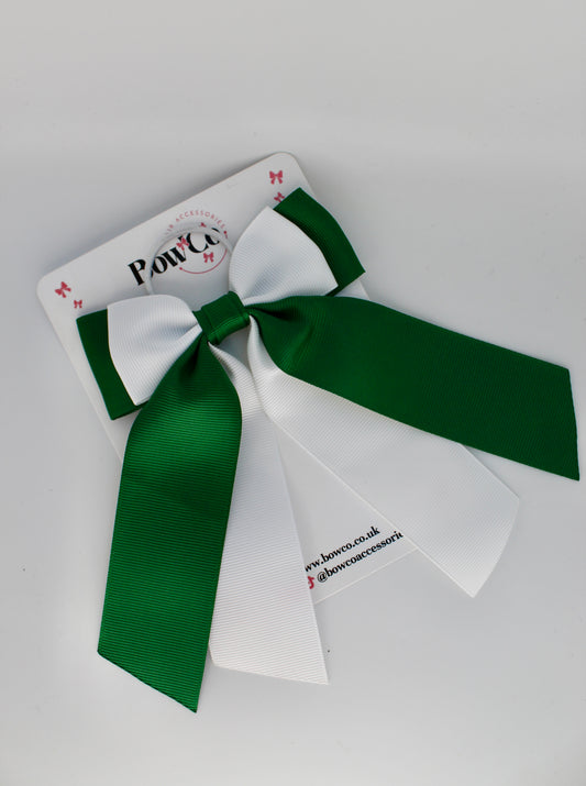 School Bow Forest Green and White - Double Layer Tail Bow – Elastic