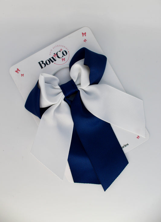 School Bow Navy Blue and White - Loop Tail Bow - Elastic