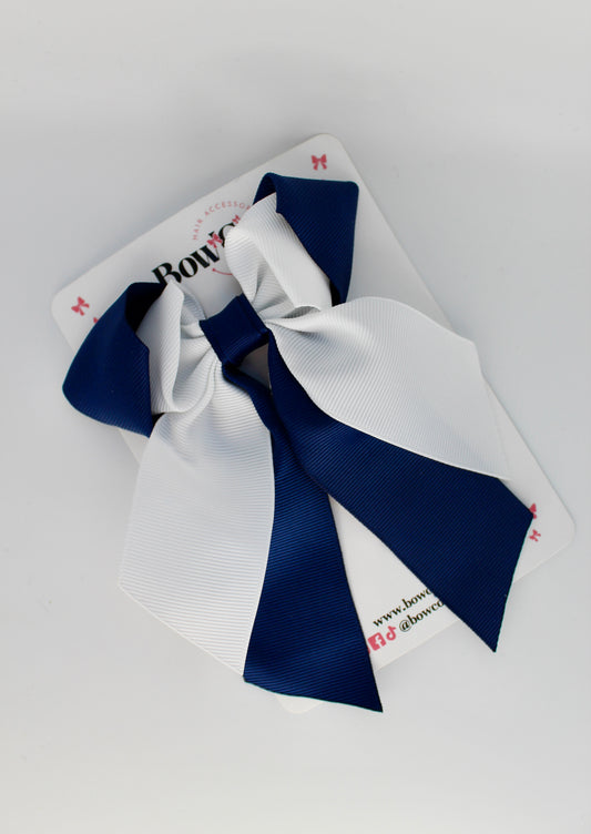School Bow - Navy Blue and White - Loop Tail Hair Bow - Clip