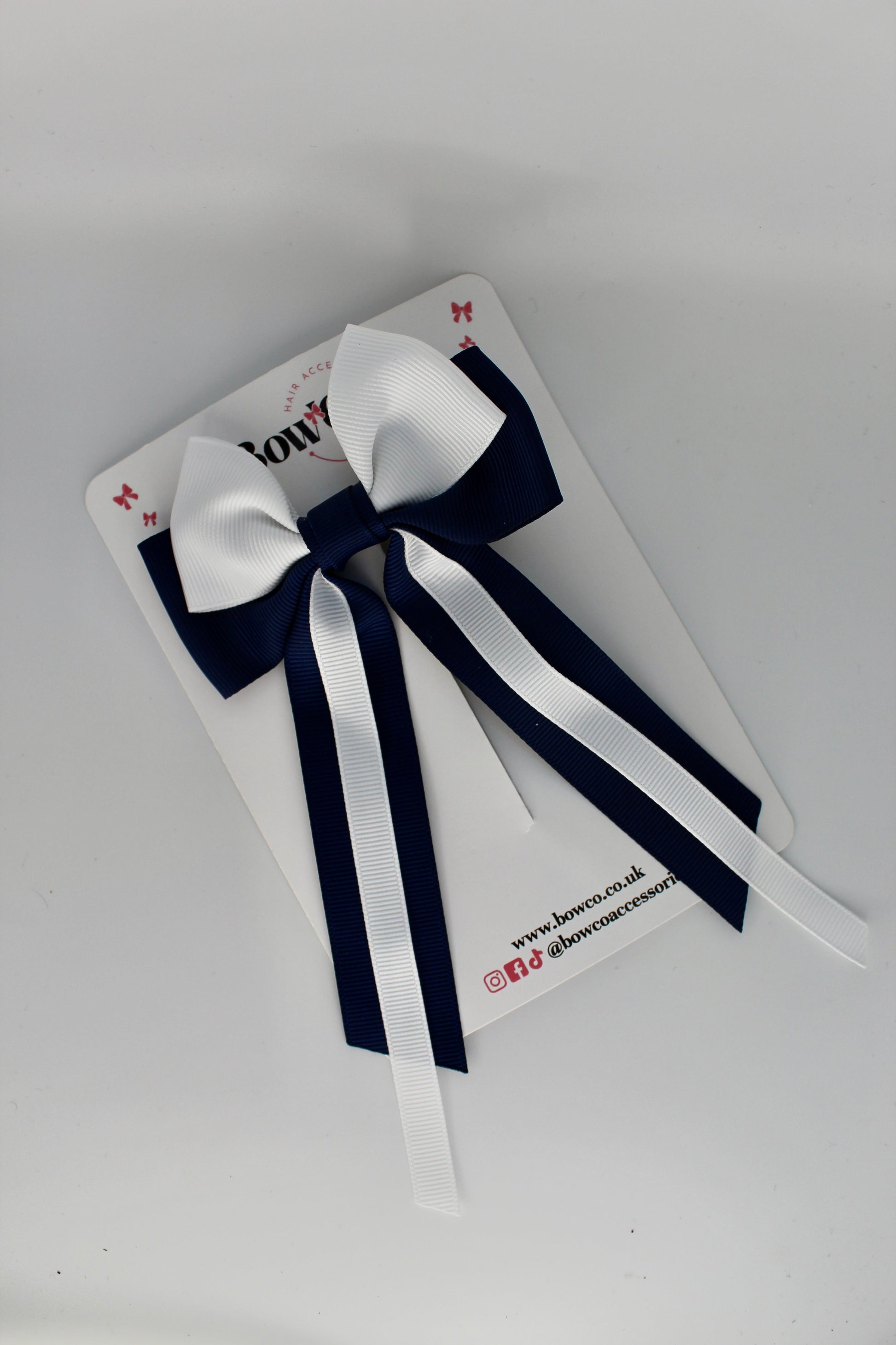 School Bow Navy Blue and White Streamer Tail Bow - Clip