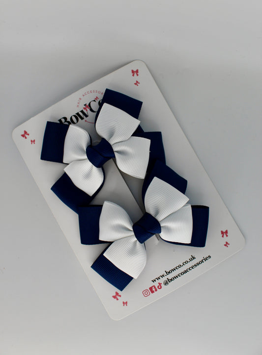 School Bow Navy Blue and White - Layer Bow Set - Clip