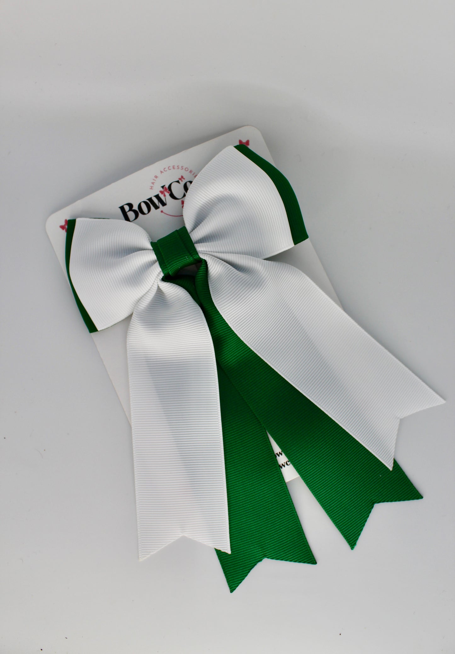 School Green and White Bow Classic Tail Bow - Clip