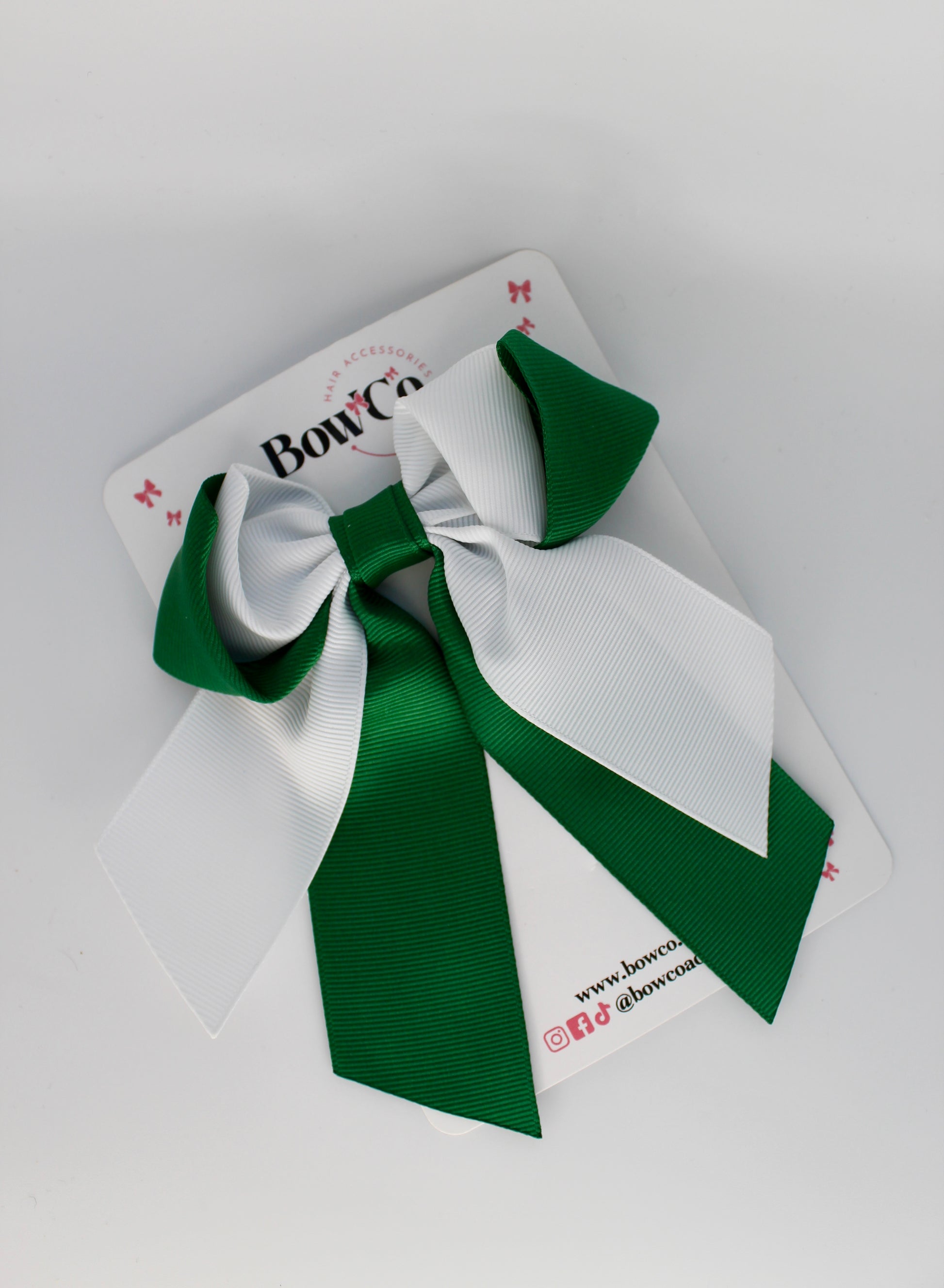 School Bow - Forest Green and White - Loop Tail Hair Bow - Clip